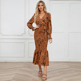 Women Date Dress Long Dress Leopard Print V-neck Belt Printed Fishtail Skirt