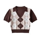 Women Sweater Knitwear Vintage Polo Shirt Short Sleeve Women's Summer Rhombus Contrast Color Knitwear Short T-shirt