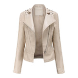 Red Leather Jacket Beaded Leather Women's Long Sleeve Lapel Motorcycle Clothing