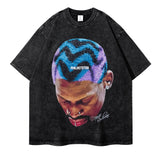 Dennis Rodman Graphic Tee High Street Wash Rodman Print Short Sleeve T-Shirt Men and Women