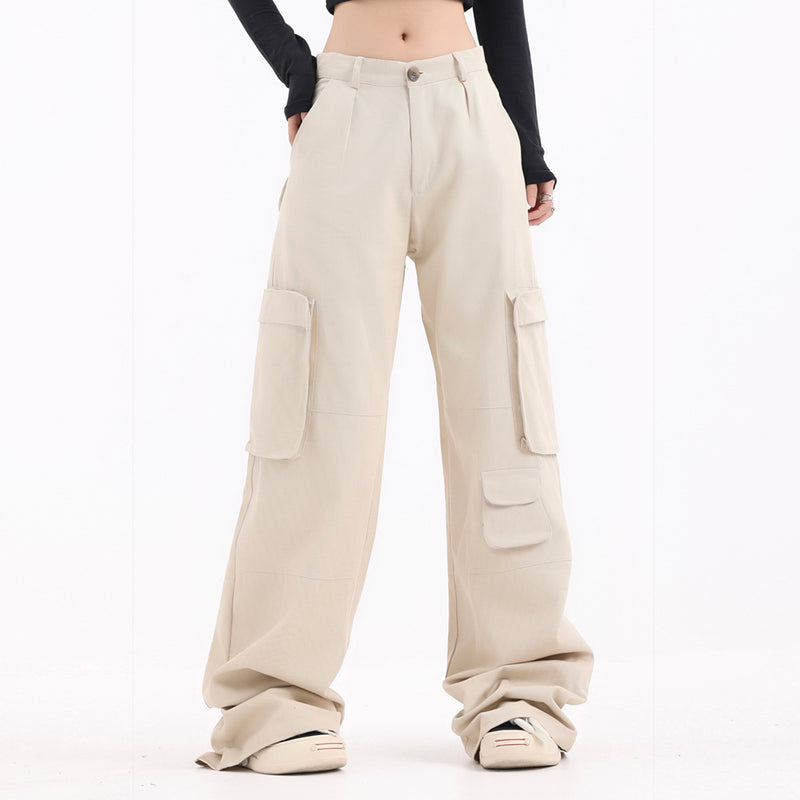 Men Sweatpants Multi-Pocket Workwear Wide Leg Pants Drawstring Ruffle Straight Long Pants