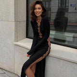 Women Dresses Autumn Sexy Hollow out Tied Slim Fit Long Sleeve Dress