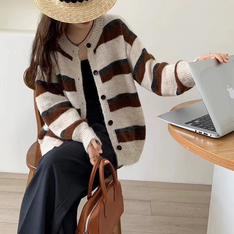 Women Knitwear Autumn and Winter Striped round Neck Sweaters Cardigan