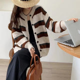 Women Knitwear Autumn and Winter Striped round Neck Sweaters Cardigan
