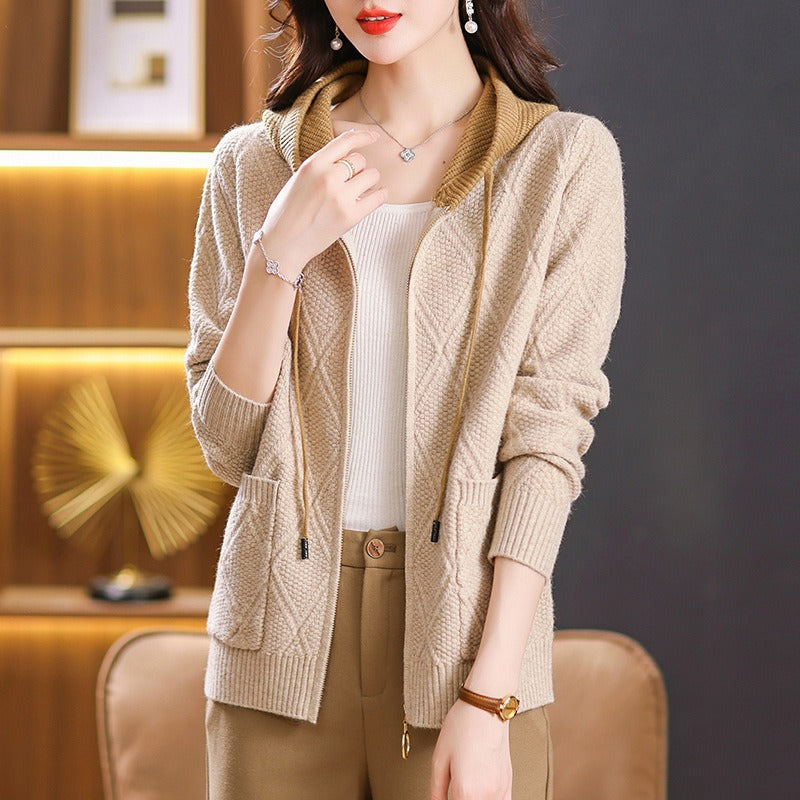 Women Knitwear Fall Winter Hooded Zip Sweater Women Loose Knitted Cardigan