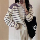 Women Knitted Pullover Autumn and Winter Loose Casual Striped Button Sweater Sweater