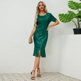 Women Date Dress round Neck Vintage Sequined Tassel Evening Dress