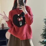 Women Knitted Pullover Heart Smiling Face Embroidery round Neck Sweater Autumn and Winter Loose Knitwear