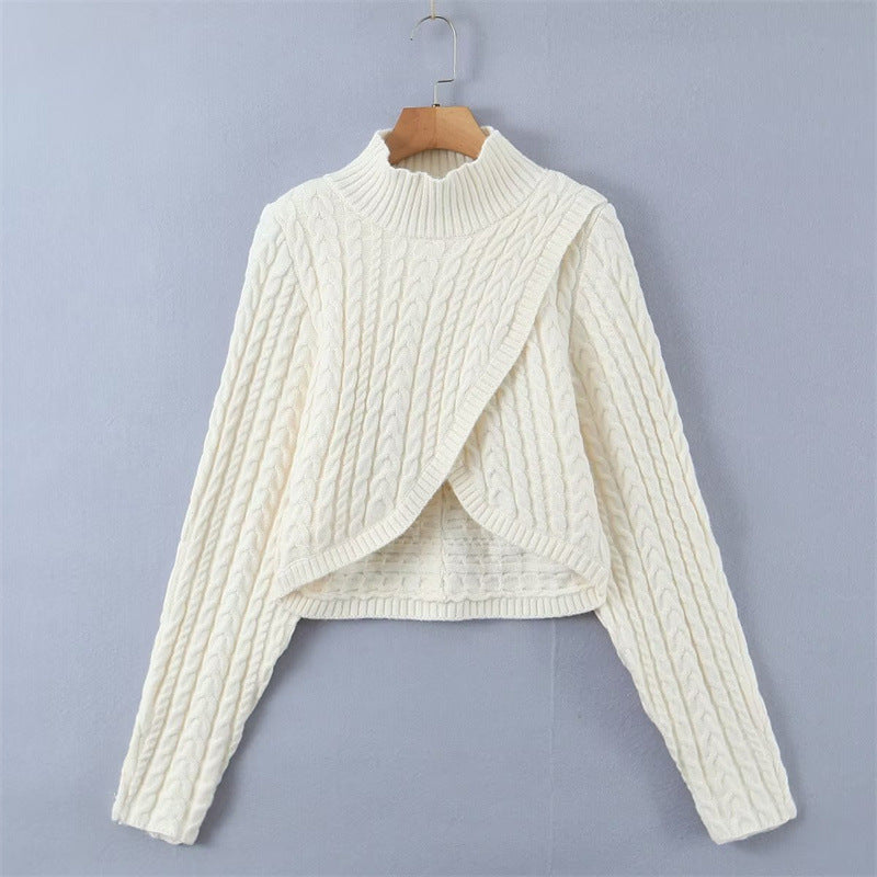 Women Sweater Knitwear Autumn and Winter Turtleneck Long Sleeve Cross Sweater Women's Short Sweater