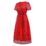 Women Date Dress Slim Fit Embroidered Leaves Sequin Gauze Dress Skirt