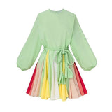 Women Dresses Casual Color Printed round Neck Loose Lantern Sleeve Short Dress (Qymy0409)