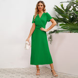 Women Date Dress Spring and Summer Sexy V-neck Pleated Dress