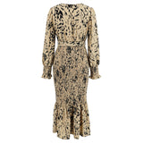 Women Date Dress Long Dress Leopard Print V-neck Belt Printed Fishtail Skirt