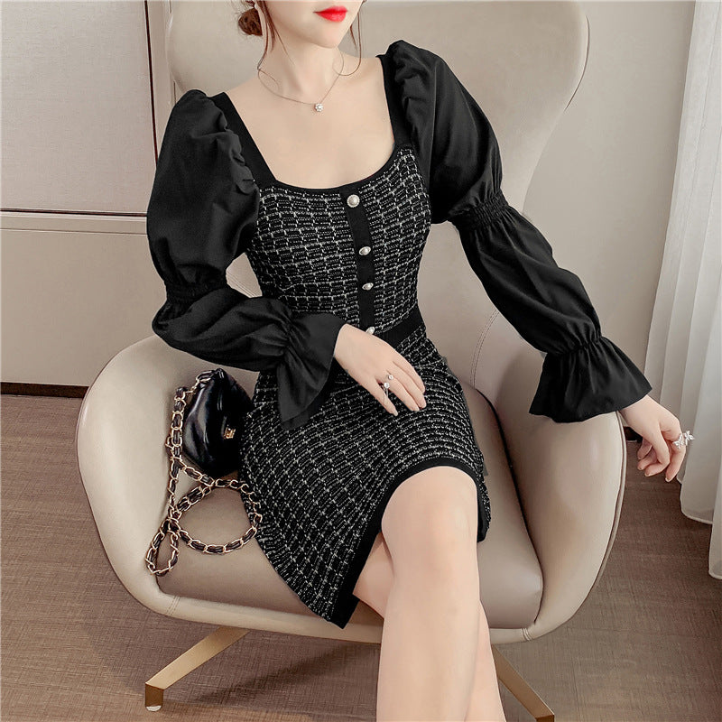 Women Maxi Dress Spring and Autumn Retro Square Collar Long Sleeve Knitted Sheath Dress