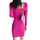 Women Maxi Dress Fall/Winter Square Collar Puff Sleeve Hip Knitwear Dress