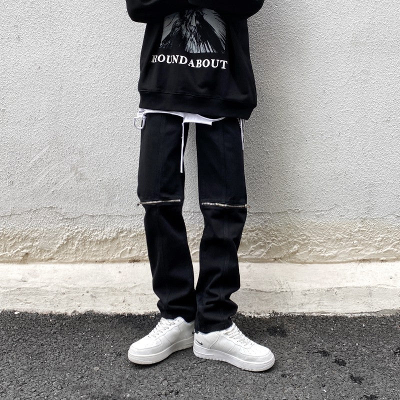 Men Jeans Vintage Black Knee Ripped Zipper Jeans