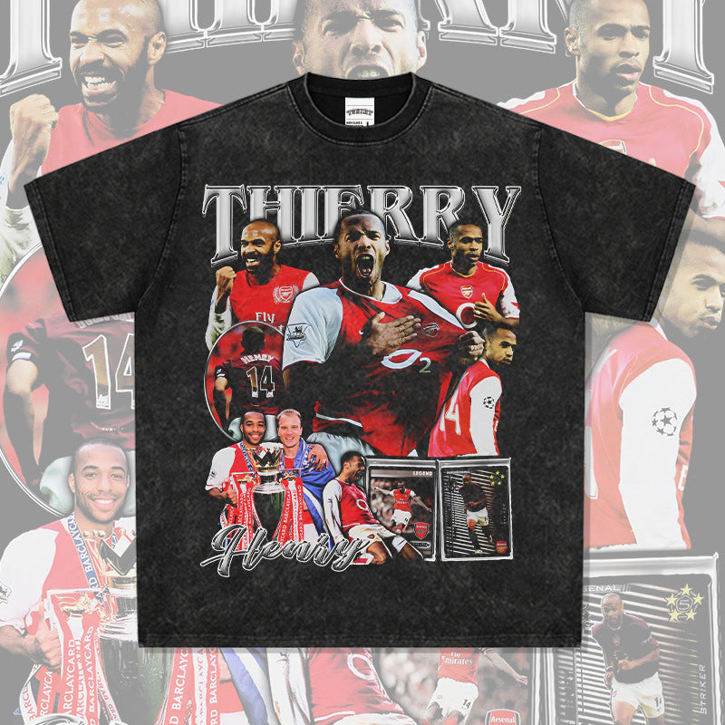 Mens Vintage Football T-Shirt Vintage Henry Printed Short Sleeve T-Shirt Washed Crew Neck