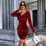 Women Dress Autumn Winter Sexy Backless Hip Skirt Long Sleeve Velvet Dress