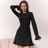 Women Dress Knitted Dress Women's Autumn and Winter round Neck Long Sleeve A- line Skirt