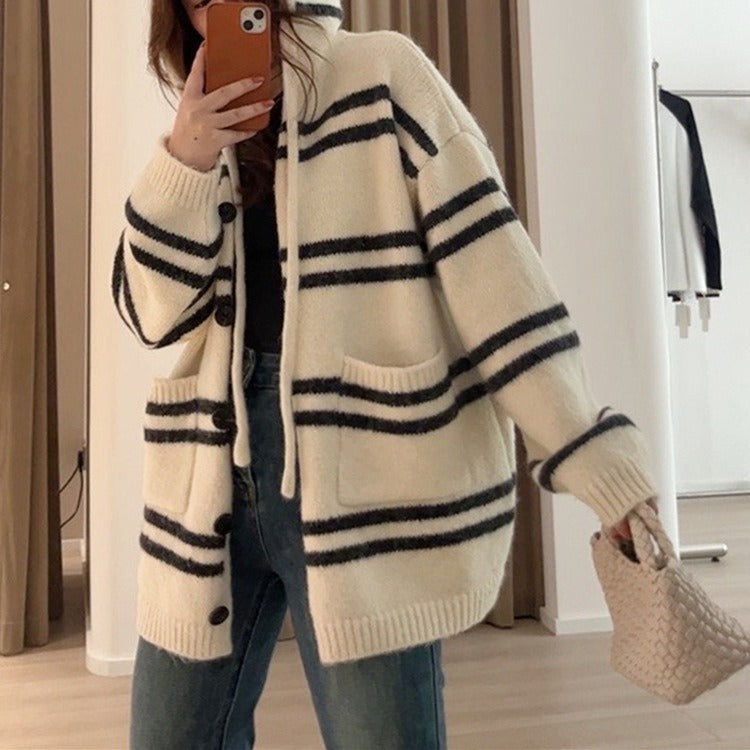 Women Knitwear Autumn and Winter Striped Hooded Sweater Coat