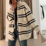 Women Knitwear Autumn and Winter Striped Hooded Sweater Coat