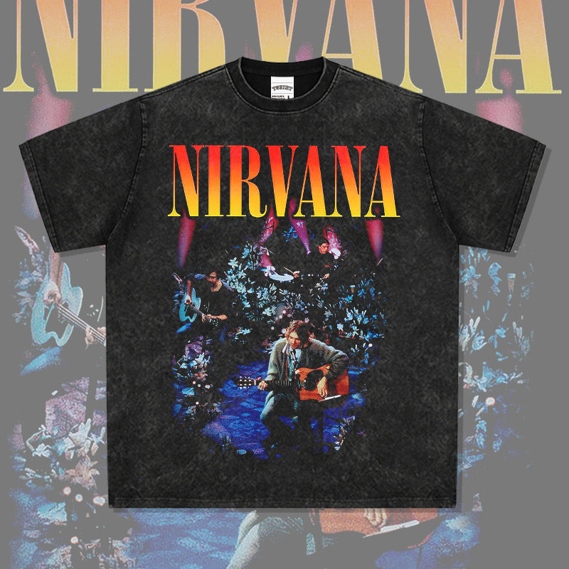 Mens Vintage Rock Band T-Shirt Nirvana Band Print Short Sleeve T-Shirt Loose Vintage Crew Neck