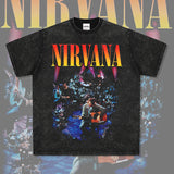 Mens Vintage Rock Band T-Shirt Nirvana Band Print Short Sleeve T-Shirt Loose Vintage Crew Neck