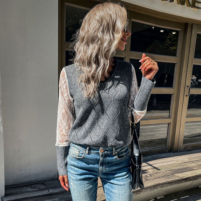Women Knitted Sweater Autumn Lace Stitching V-neck Pullover Sweater