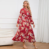 Women Date Dress Autumn Long Sleeve Lace Stand Collar Belt Long Dress
