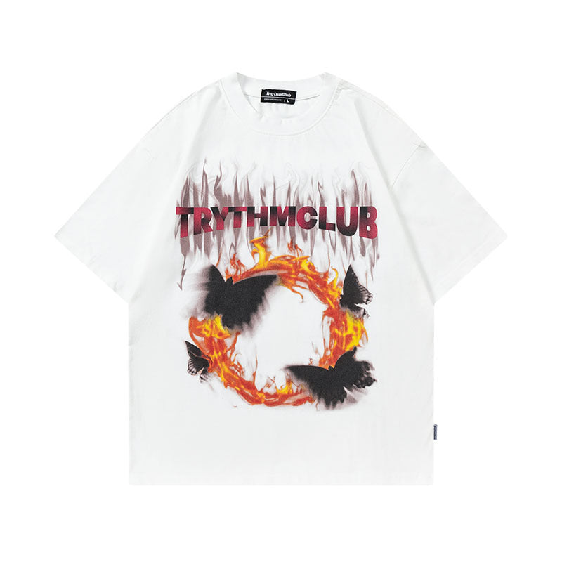 Men T Shirt Flame Print Couple Short Sleeve T-shirt