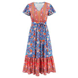 Women Date Dress Summer V-neck Ruffle Vintage Floral Beach Dress