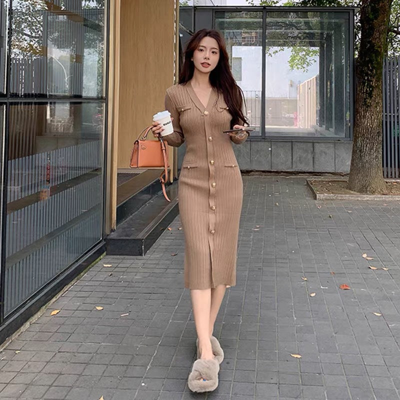 Women Maxi Dress Autumn V-neck Single-Breasted Long Sleeve Hip Knitwear Dress