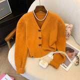 Women Knitted Cardigan Bow Button V-neck Knitted Cardigan Short Autumn and Winter Sweater