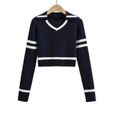 Women Sweater Knitwear Vintage Stripe Short Knitwear Autumn V Lapel Long Sleeves Cropped Top
