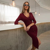 Women Dress Sexy Slit V-neck Double-Breasted Knitted Dress