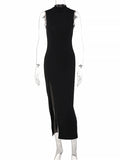 Women Dresses round Neck Sleeveless Slim Fit Slit Long Dress