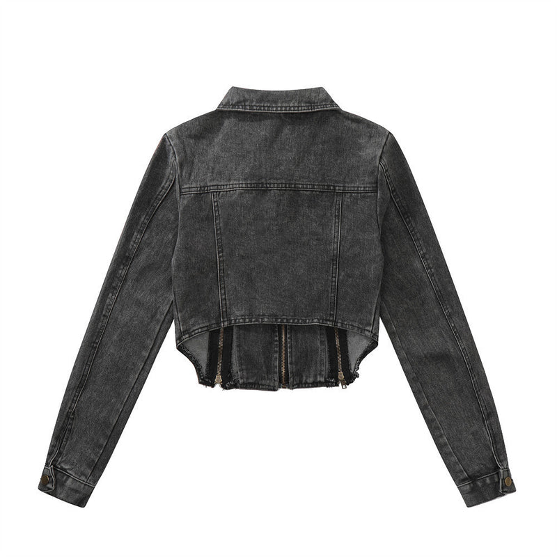 Women Jacket Slim-Fit Double Zipper Split Denim Jacket