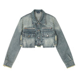 Women Jacket Ripped Short Denim Jacket Autumn Zipper Decorations Jacket