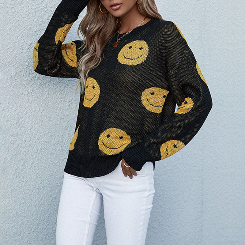 Women Knitted Sweater Autumn and Winter Leisure Smiling Face Long Sleeve Black Sweater