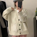 Women Knitted Cardigan V-neck Sweater Women Large Loose Pockets