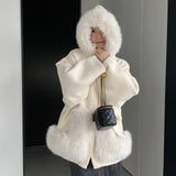 Women Cardigan Sweater Short Woolen Coat Autumn and Winter Long Sleeves Fur Collar Hooded Coat 2t7620