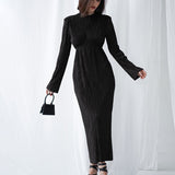 Women Dress Spring round Neck Pleated Long Sleeve Dress Sheath Dress