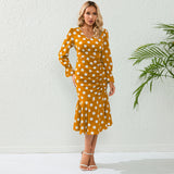 Women Date Dress Autumn and Winter Dress Sexy V-neck Polka Dot Printing Long-Sleeved Fishtail Dress