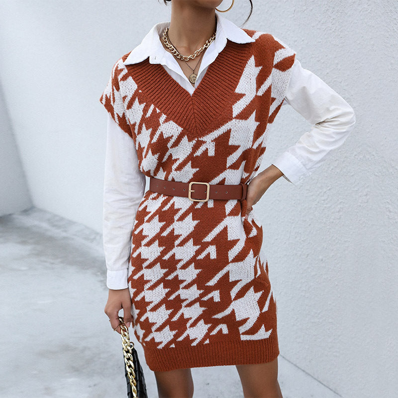 Women Knitted Sweater Casual Long Sleeve Houndstooth Fall/Winter Sweater Dress