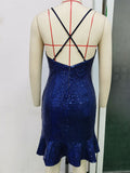 Women Evening Gown Sexy Retro Backless Sequined Suspender Dress