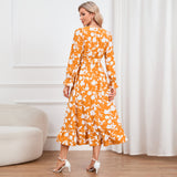 Women Date Dress Floral Dress Autumn and Winter V-neck A- line Skirt