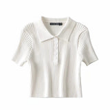 Women Sweater Knitwear Vintage Polo Lapel Single Breasted Thread Exposed Navel Knitted T-shirt