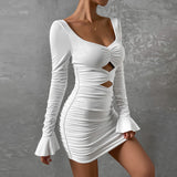 Honeymoon Dresses Autumn and Winter Women's Hollow Dress Long Sleeve Sexy V-Neck