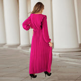 Women Date Dress Autumn and Winter V-neck Long Sleeve Pleated Dress