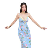 Women Dresses Summer Slim Fit V-neck Strap Long Dress Lace Dress